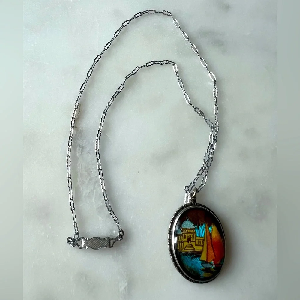 Art Deco 1920s Sterling Silver Butterfly Wing Pendant & Chain, Hand-Painted - Picture 5 of 6
